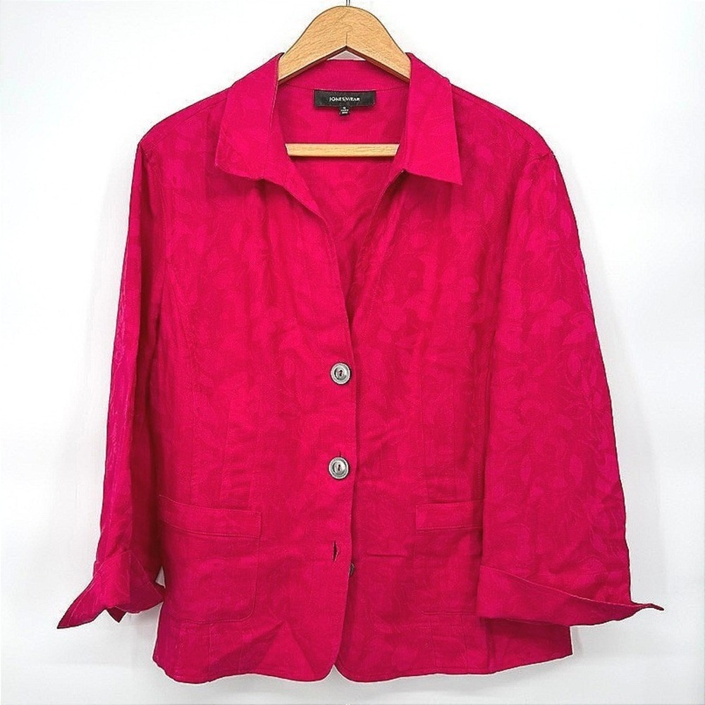 Jones Wear Jacket Pink Linen Blend Floral Jacquard Lightweight Blazer Size 16